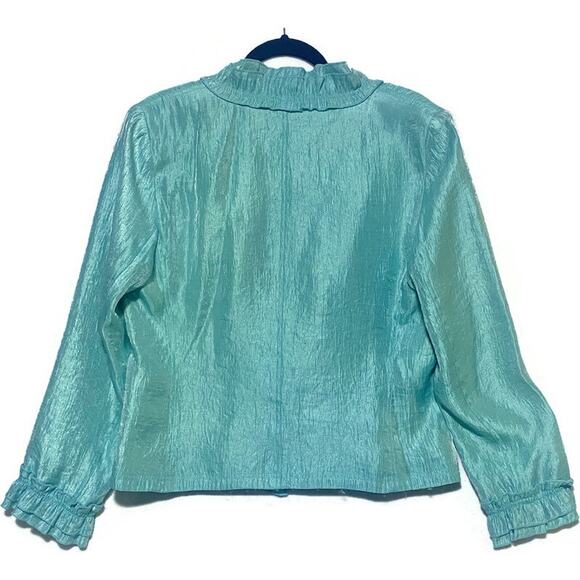 Rafael Turquoise Jacket Women's Size 14 Lined Lightweight Ruffled Trim Front Tie - Picture 2 of 8